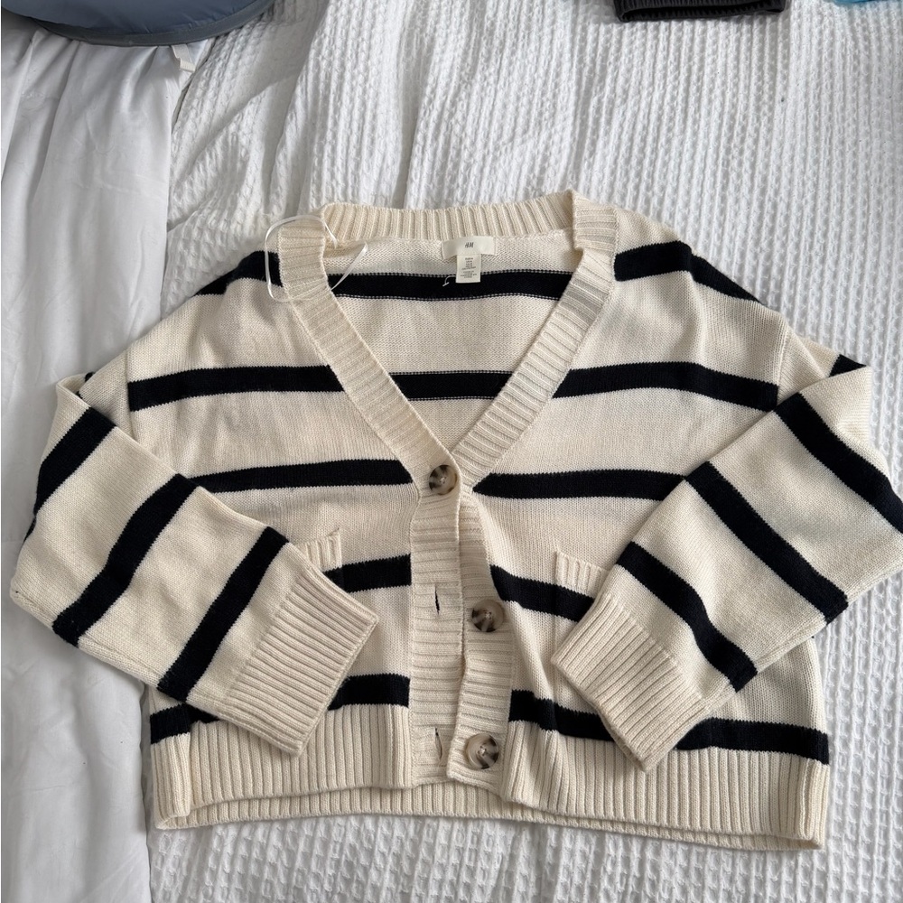Cream and Black Striped V-Neck Cardigan Sweater